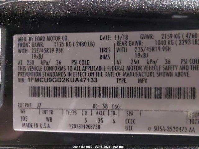 1FMCU9GD2KUA47133 Ford ESCAPE SE