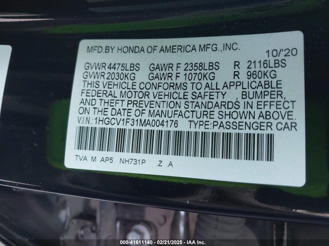 1HGCV1F31MA004176 Honda Accord Sport