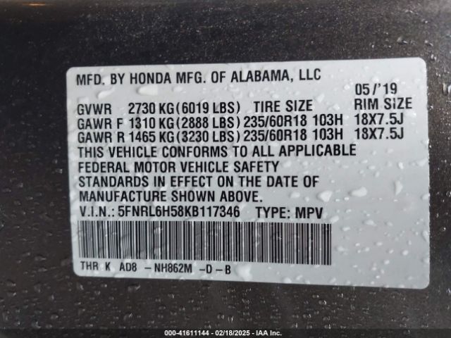 5FNRL6H58KB117346 Honda ODYSSEY EX