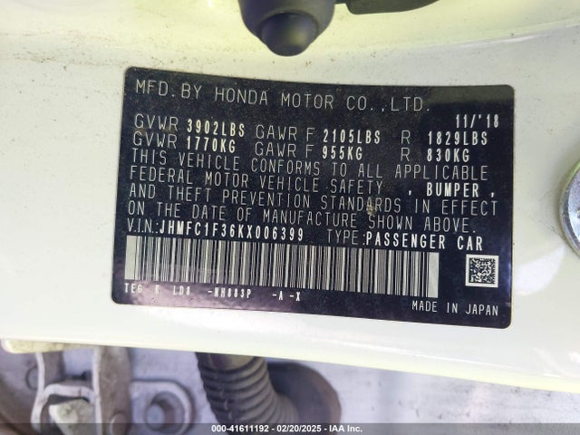Honda CIVIC EX 2019 JHMFC1F36KX006399 Image 9