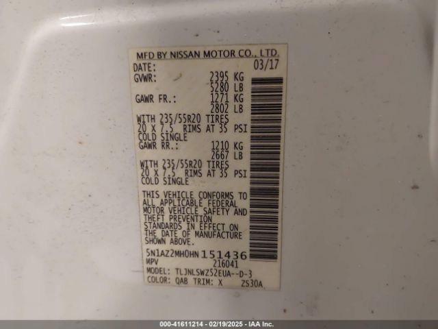 5N1AZ2MH0HN151436 Nissan Murano Platinum