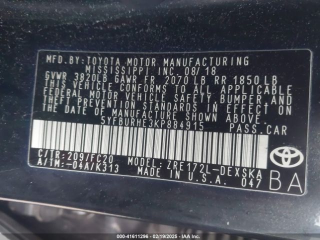 5YFBURHE3KP884915 Toyota COROLLA SE