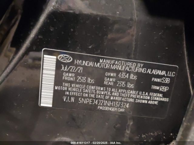 5NPEJ4J21NH137324 Hyundai Sonata Sel Plus