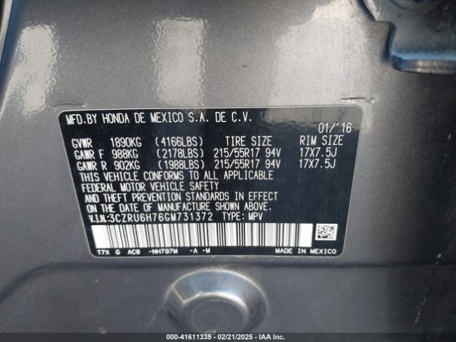 3CZRU6H76GM731372 Honda Hr-v Ex-l