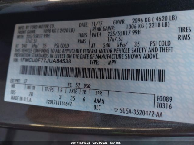 1FMCU0F77JUA84538 Ford ESCAPE S