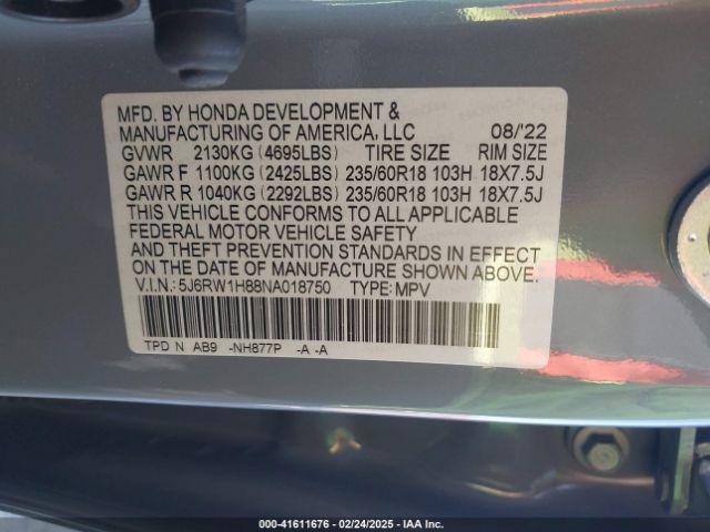 5J6RW1H88NA018750 Honda Cr-v 2wd Ex-l