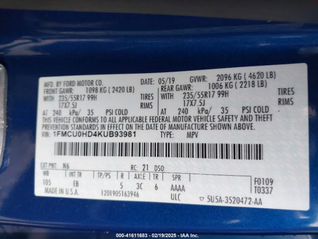 1FMCU0HD4KUB93981 Ford ESCAPE SEL