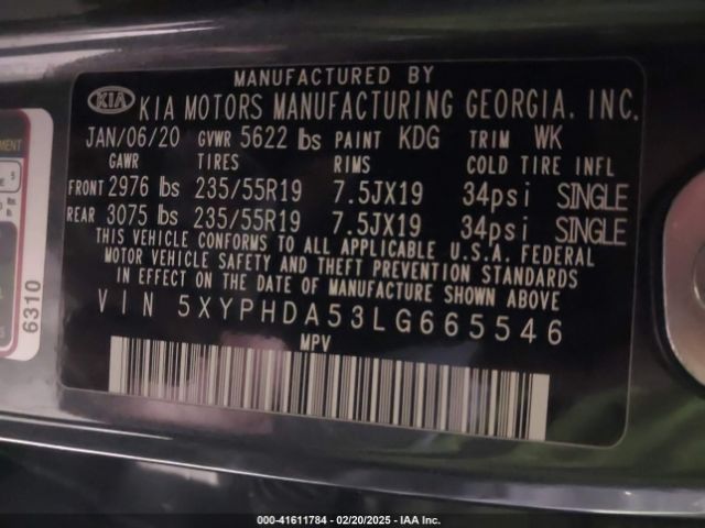 5XYPHDA53LG665546 KIA Sorento 3.3l Ex