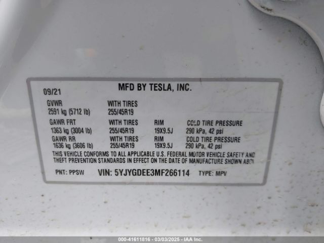 5YJYGDEE3MF266114 Tesla Model Y Long Range Dual Motor All-wheel Drive