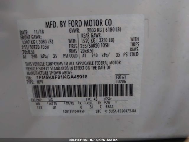 1FM5K8F81KGA45918 Ford Explorer Limited