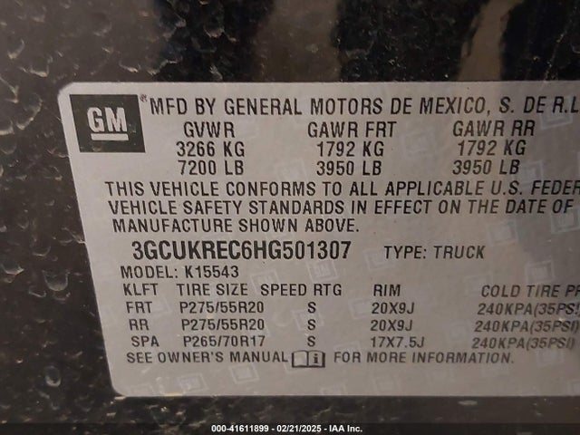 3GCUKREC6HG501307 Chevrolet Silverado 1500 2lt