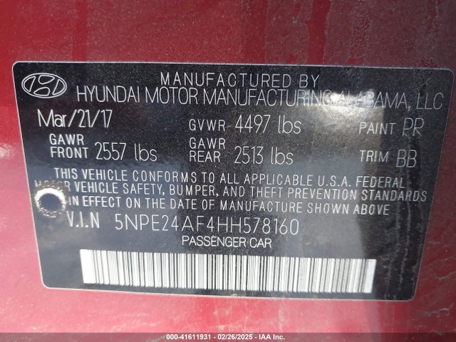 5NPE24AF4HH578160 Hyundai SONATA SE