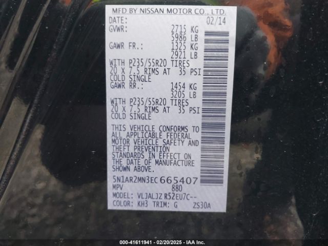 5N1AR2MN3EC665407 Nissan Pathfinder Platinum