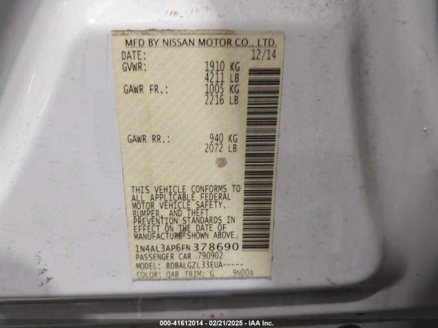 1N4AL3AP6FN378690 Nissan Altima 2.5/2.5 S/2.5 Sl/2.5 Sv