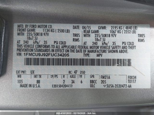 1FMCU9J92FUC34205 Ford Escape Titanium