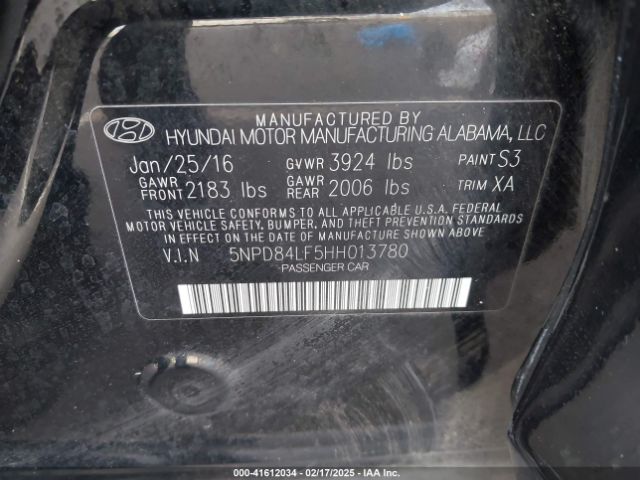 5NPD84LF5HH013780 Hyundai ELANTRA SE