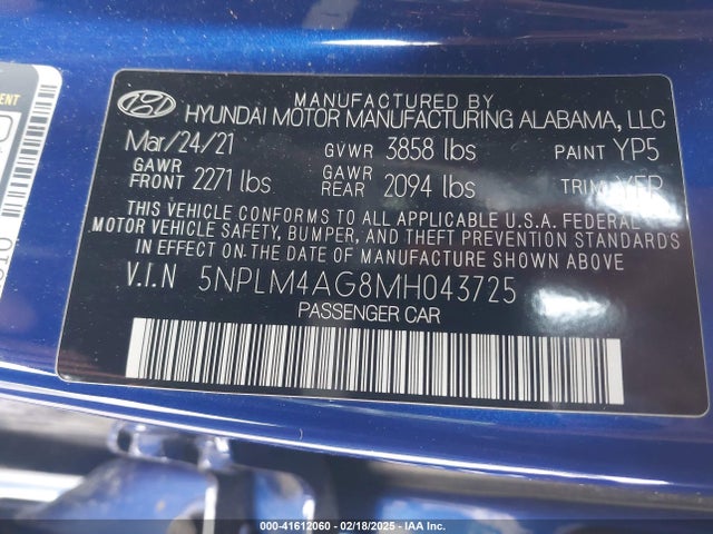 5NPLM4AG8MH043725 Hyundai ELANTRA SEL