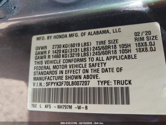 5FPYK3F70LB007207 Honda Ridgeline Rtl-e