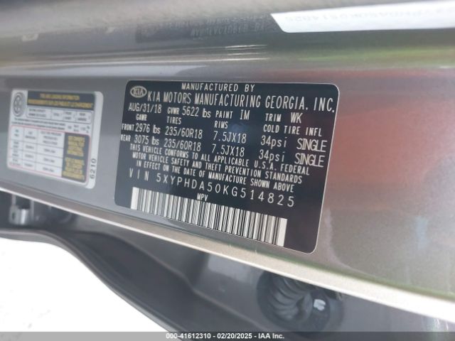 5XYPHDA50KG514825 KIA Sorento 3.3l Ex