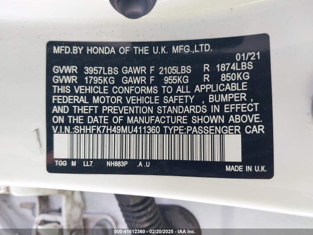 SHHFK7H49MU411360 Honda Civic Sport