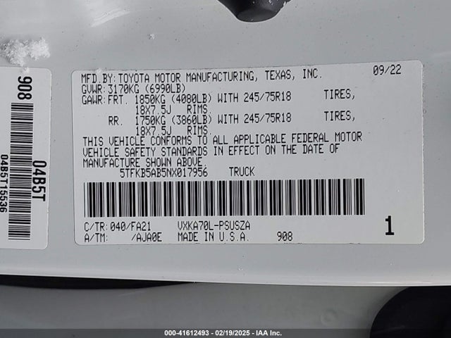 Toyota Tundra Sr 2022 5TFKB5AB5NX017956 Image 9
