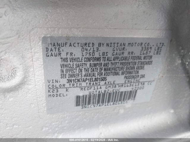 3N1CN7AP1EL801505 Nissan Versa 1.6 Sv