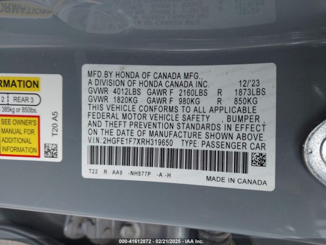 2HGFE1F7XRH319650 Honda CIVIC EX