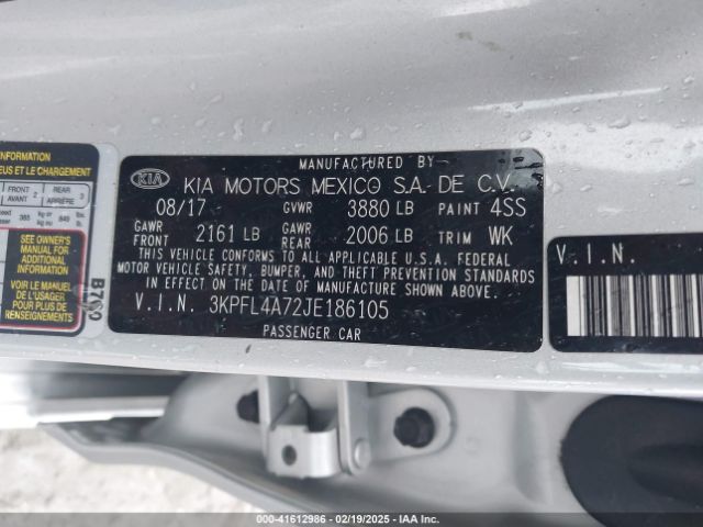3KPFL4A72JE186105 KIA FORTE LX