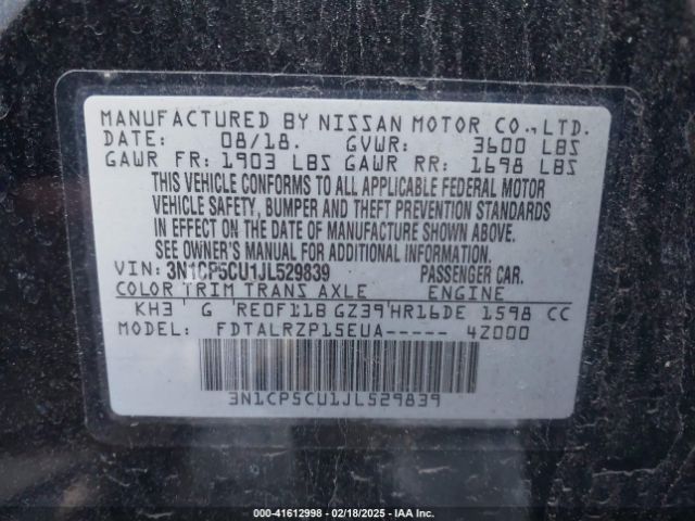 3N1CP5CU1JL529839 Nissan KICKS S