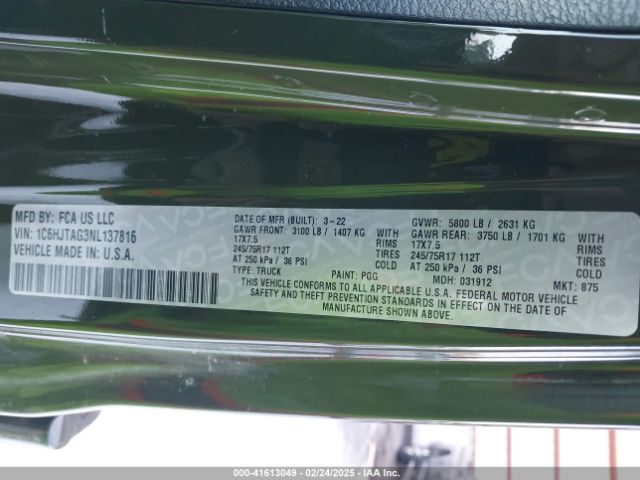 1C6HJTAG3NL137816 Jeep Gladiator Altitude 4x4