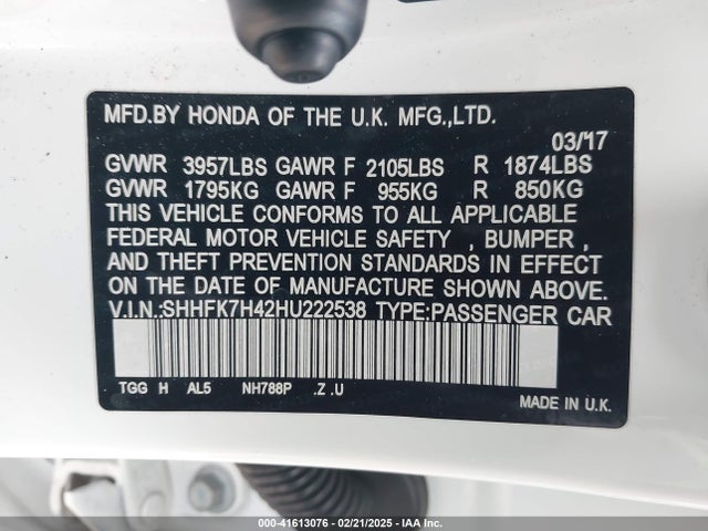 SHHFK7H42HU222538 Honda Civic Sport
