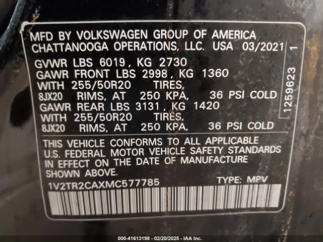 1V2TR2CAXMC577785 Volkswagen Atlas 3.6l V6 Sel Premium