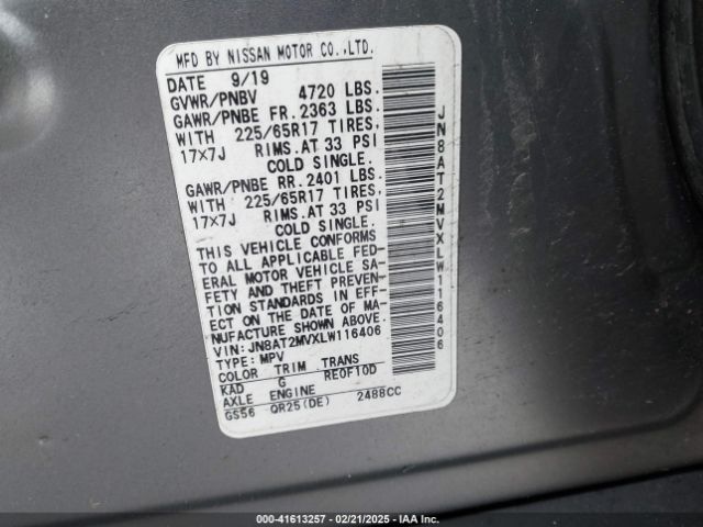 JN8AT2MVXLW116406 Nissan Rogue Sv Intelligent Awd