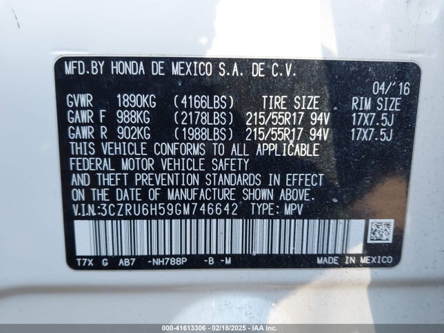 3CZRU6H59GM746642 Honda HR-V EX
