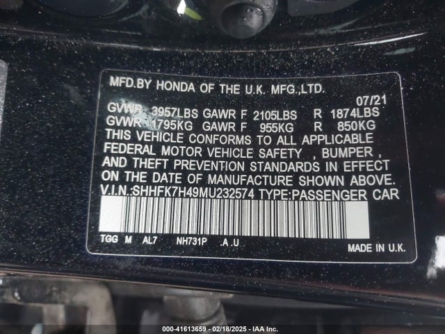 SHHFK7H49MU232574 Honda Civic Sport