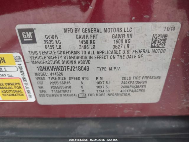 1GNKVHKD7FJ218049 Chevrolet Traverse 2lt