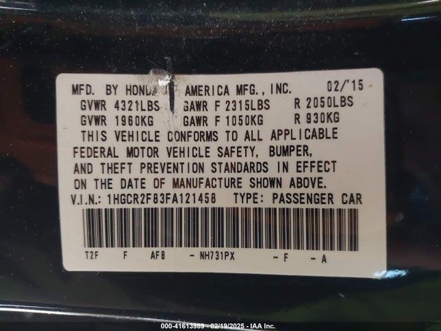 1HGCR2F83FA121458 Honda Accord Ex-l