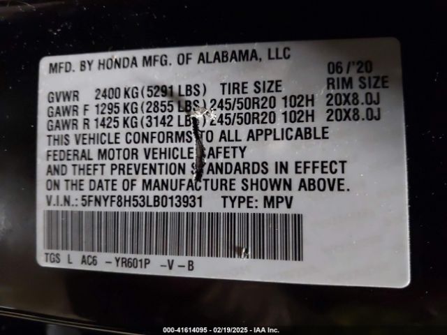 5FNYF8H53LB013931 Honda Passport Awd Ex-l