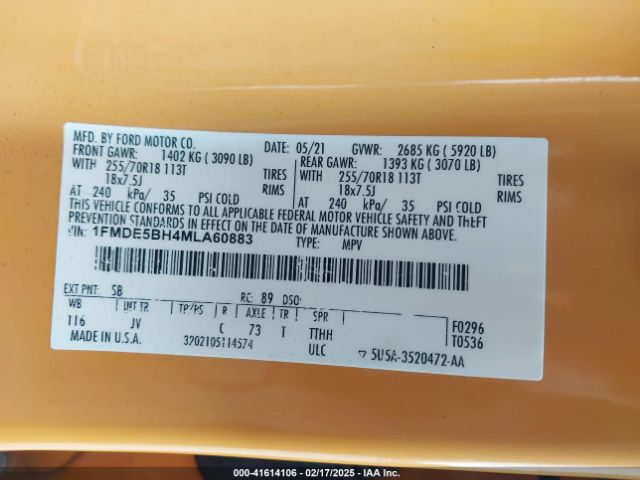 1FMDE5BH4MLA60883 Ford Bronco Outer Banks