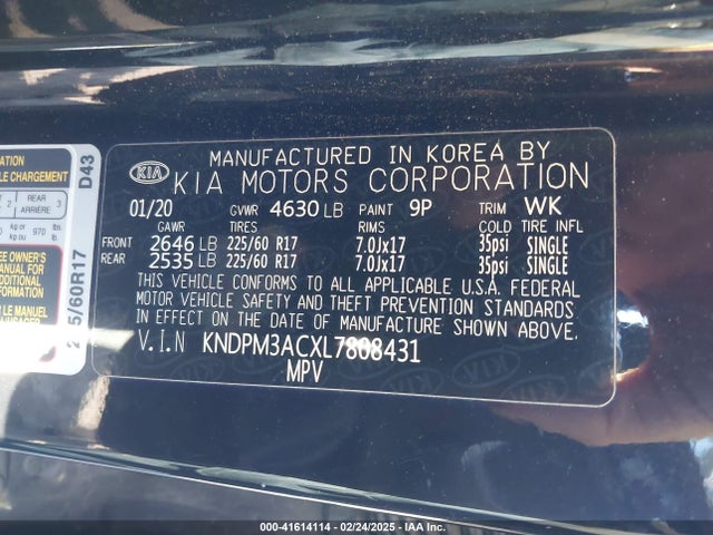 KNDPM3ACXL7808431 KIA Sportage Lx