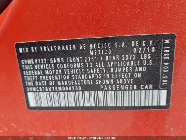 3VWC57BU7KM004289 Volkswagen Jetta 1.4t R-line/1.4t S/1.4t Se