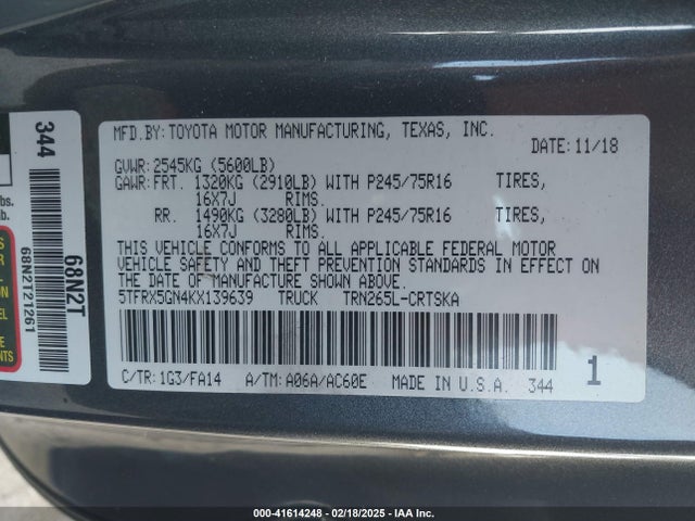 5TFRX5GN4KX139639 Toyota Tacoma Sr
