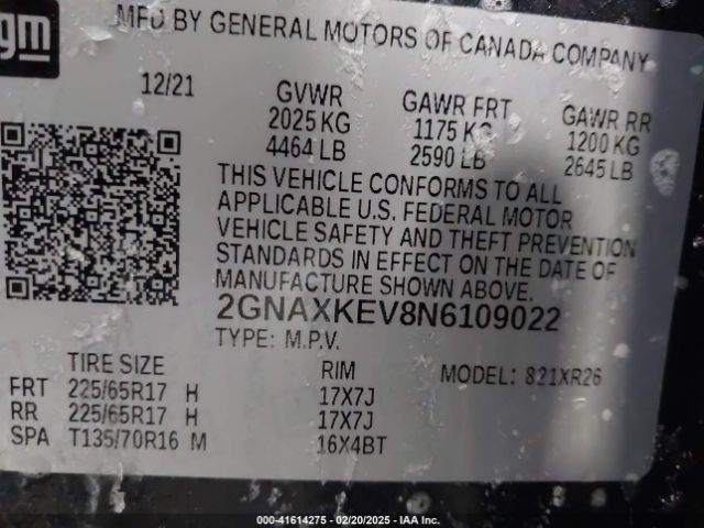 2GNAXKEV8N6109022 Chevrolet Equinox Fwd Lt