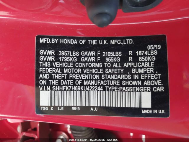 SHHFK7H69KU422244 Honda CIVIC EX