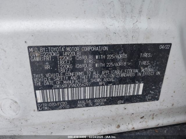 JTM16RFV5ND056297 Toyota Rav4 Hybrid Se