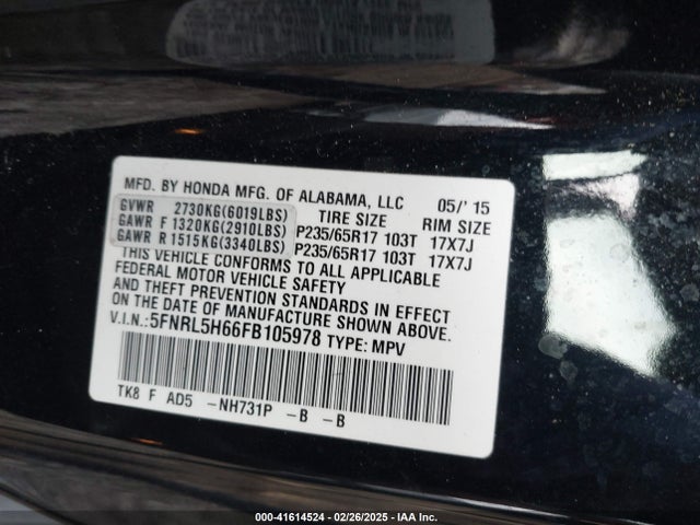 5FNRL5H66FB105978 Honda Odyssey Ex-l