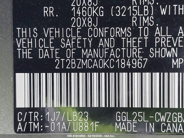 2T2BZMCA0KC184967 Lexus RX 350