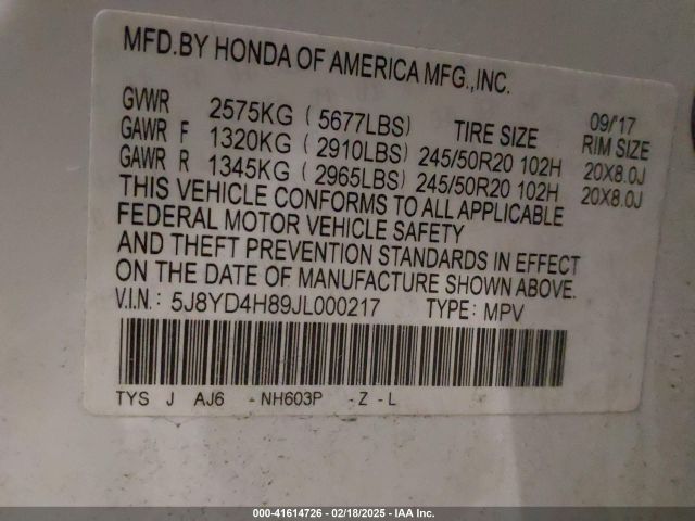 5J8YD4H89JL000217 Acura Mdx Advance Package