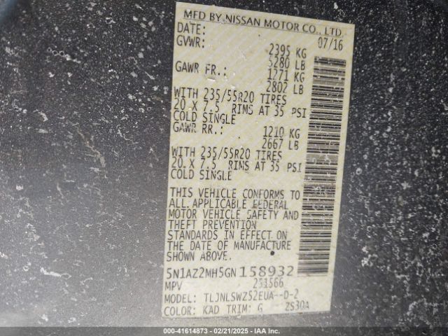 5N1AZ2MH5GN158932 Nissan Murano Platinum