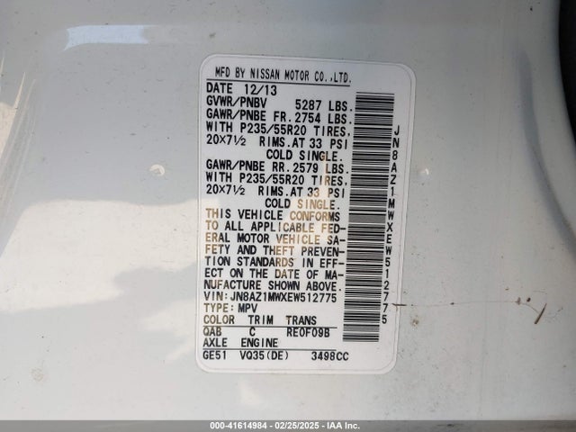 JN8AZ1MWXEW512775 Nissan Murano Le